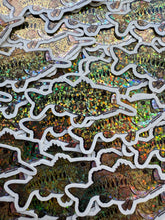 Load image into Gallery viewer, Stack of fish-shaped stickers with metallic foil finish
